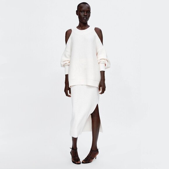 NWOT Zara Knit ecru off-white beige ribbed knit skirt, L - Picture 1 of 14